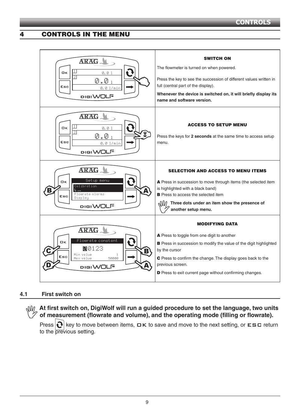 Bd a, 4controls in the menu, Controls | 1 first switch on, Press key to move between items, Return to the previous setting | ARAG Digiwolf Tank filling system User Manual | Page 9 / 28