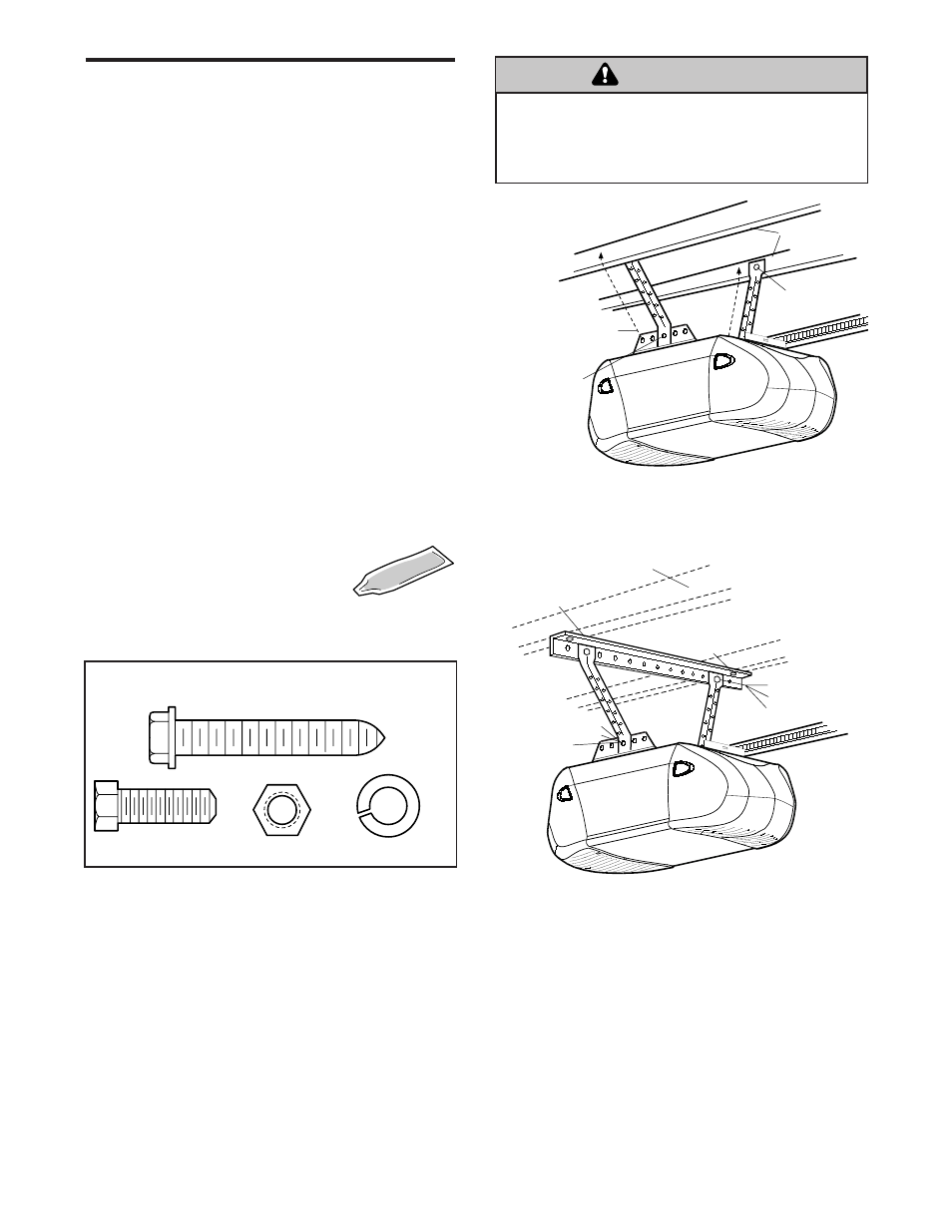 Hang the opener, Warning caution warning warning, Installation step 5 | Chamberlain 2265 User Manual | Page 13 / 36