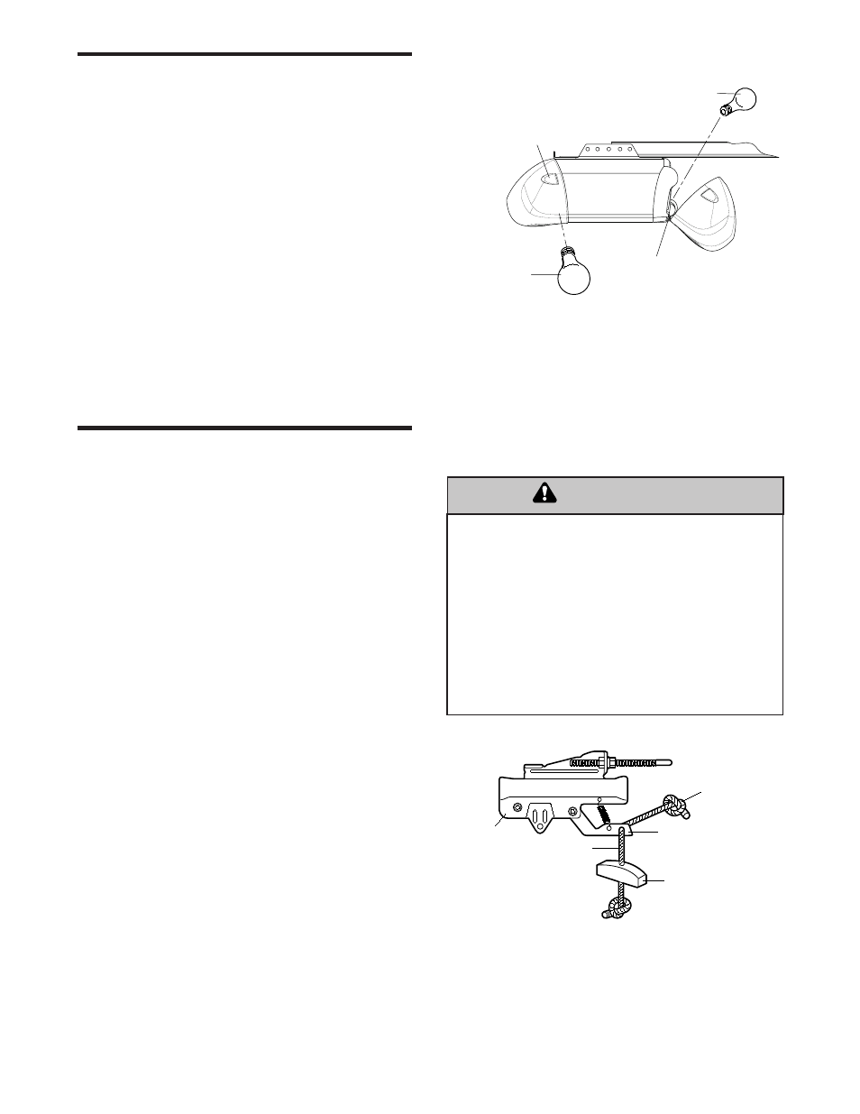 Install the light and lens, Attach the emergency release rope and handle, Warning caution warning warning | Installation step 7, Installation step 8 | Chamberlain 2265 User Manual | Page 15 / 36