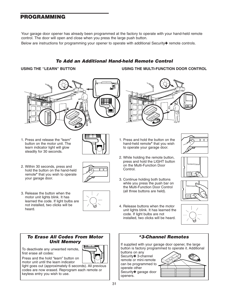 Programming, To add an additional hand-held remote control, Channel remotes | Chamberlain 2265 User Manual | Page 31 / 36