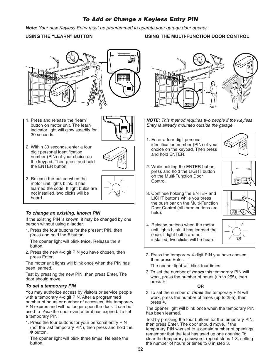 To add or change a keyless entry pin | Chamberlain 2265 User Manual | Page 32 / 36