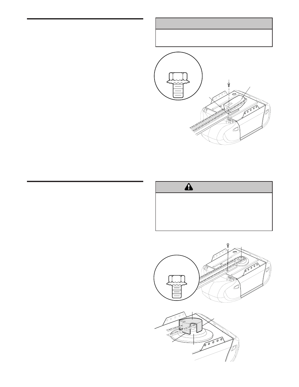 Assembly, Attach the t-rail to the motor unit, Warning caution warning warning | Assembly step 1, Assembly step 2 | Chamberlain 2265 User Manual | Page 6 / 36