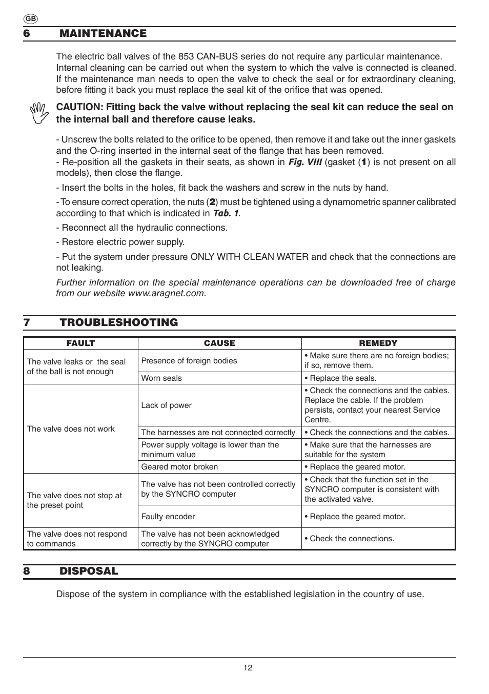 6maintenance, 7troubleshooting, 8disposal | ARAG Electric ball valve with CAN-BUS connection User Manual | Page 12 / 32