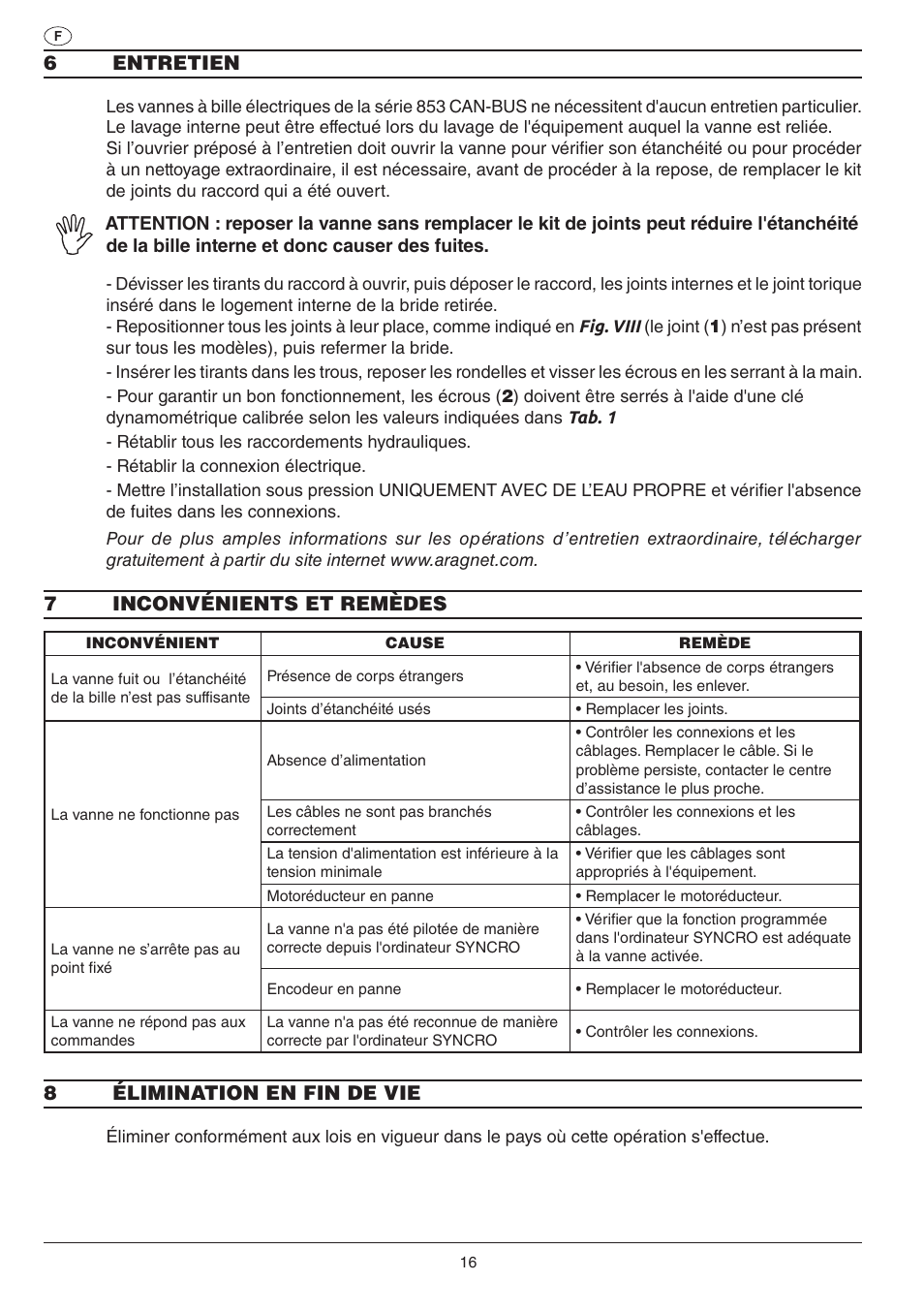 6entretien, 7inconvénients et remèdes, 8élimination en fin de vie | ARAG Electric ball valve with CAN-BUS connection User Manual | Page 16 / 32