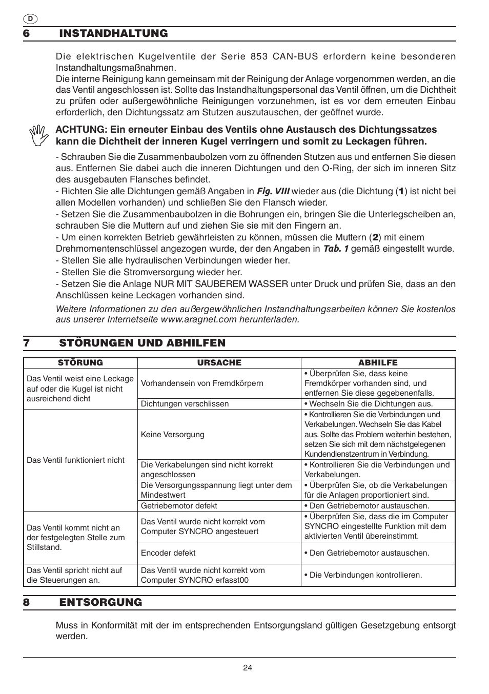 6instandhaltung, 7störungen und abhilfen, 8entsorgung | ARAG Electric ball valve with CAN-BUS connection User Manual | Page 24 / 32