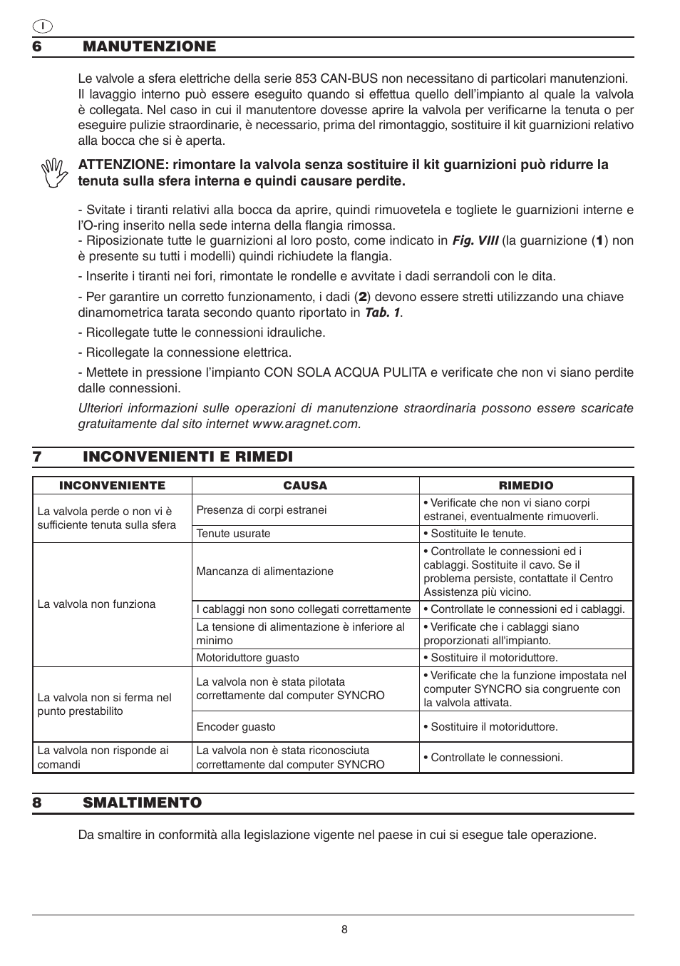 6manutenzione, 7inconvenienti e rimedi, 8smaltimento | ARAG Electric ball valve with CAN-BUS connection User Manual | Page 8 / 32