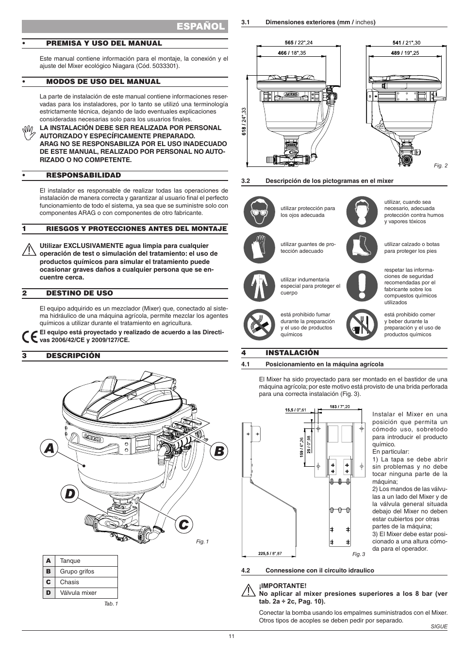 Español | ARAG Mixer NIAGARA User Manual | Page 11 / 36