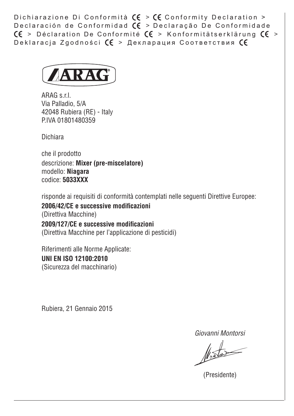 ARAG Mixer NIAGARA User Manual | Page 35 / 36
