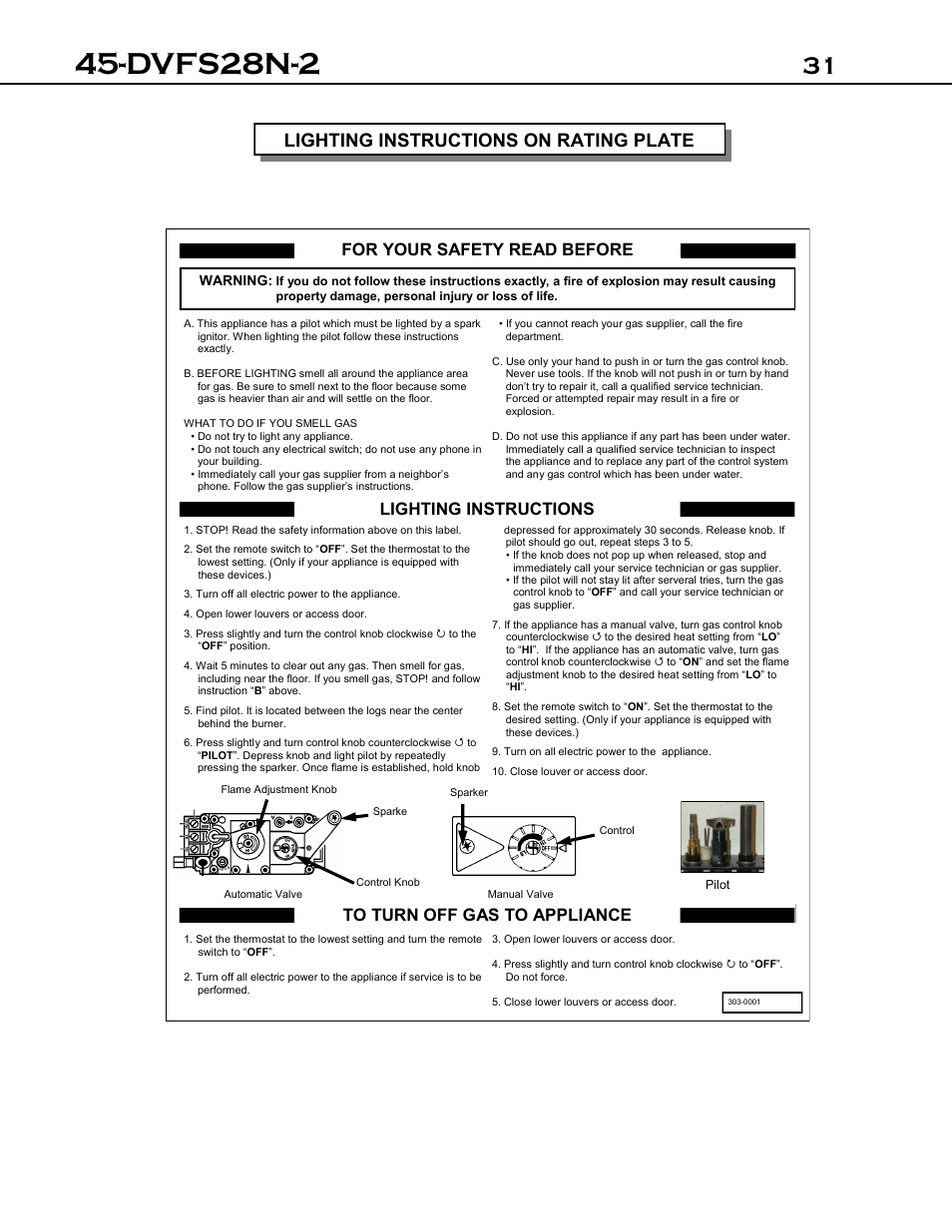 Dvfs28n-2, Lighting instructions on rating plate, For your safety read before | Lighting instructions to turn off gas to appliance | Archgard 45-DVFS28N-2 User Manual | Page 31 / 48
