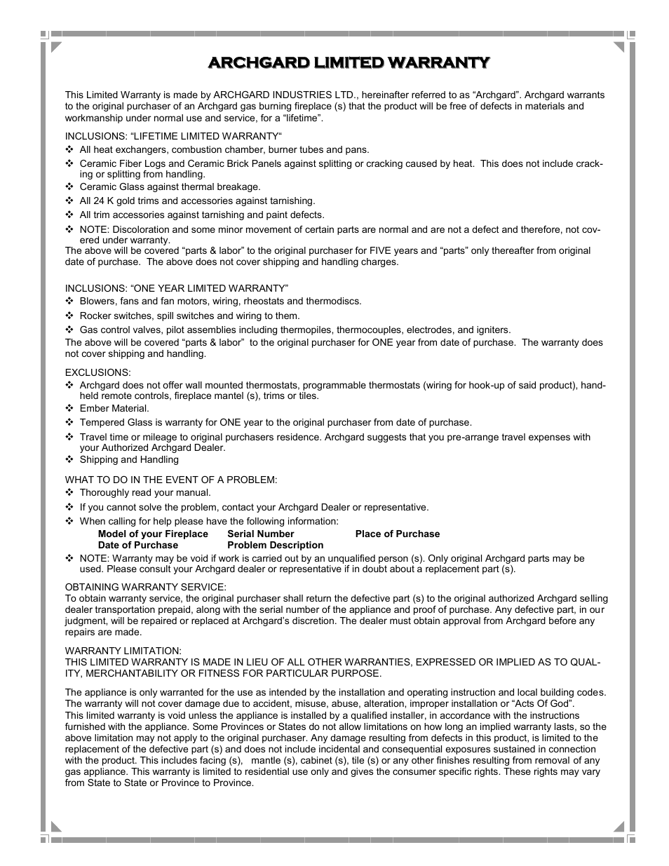 Archgard, Archgard limited warranty limited warranty | Archgard 45-DVFS28N-2 User Manual | Page 43 / 48