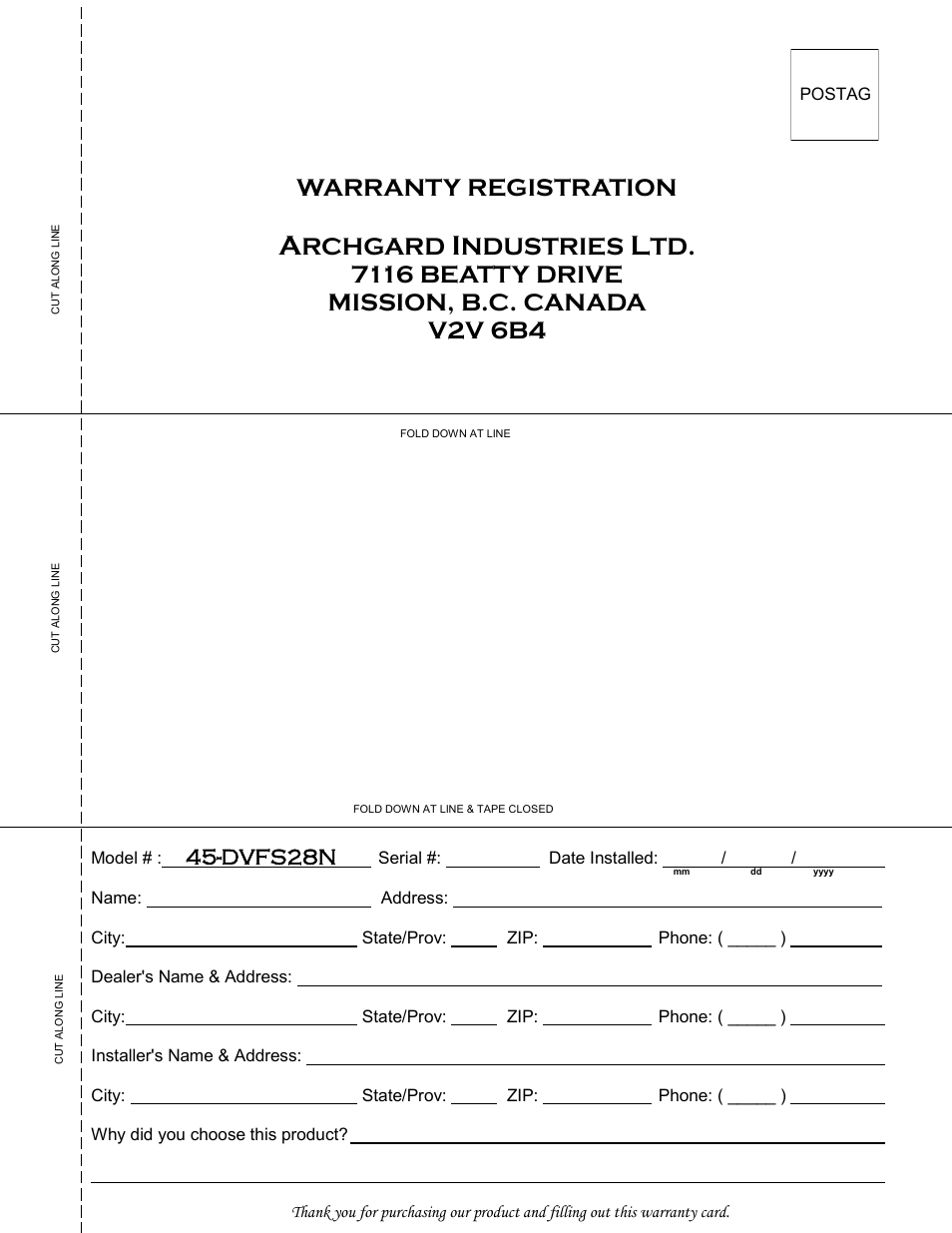 Warranty registration, Rchgard, Ndustries | Dvfs28n | Archgard 45-DVFS28N-2 User Manual | Page 46 / 48