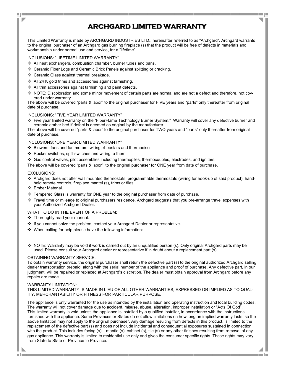 Archgard, Archgard limited warranty limited warranty | Archgard 42-DVT40N User Manual | Page 35 / 38