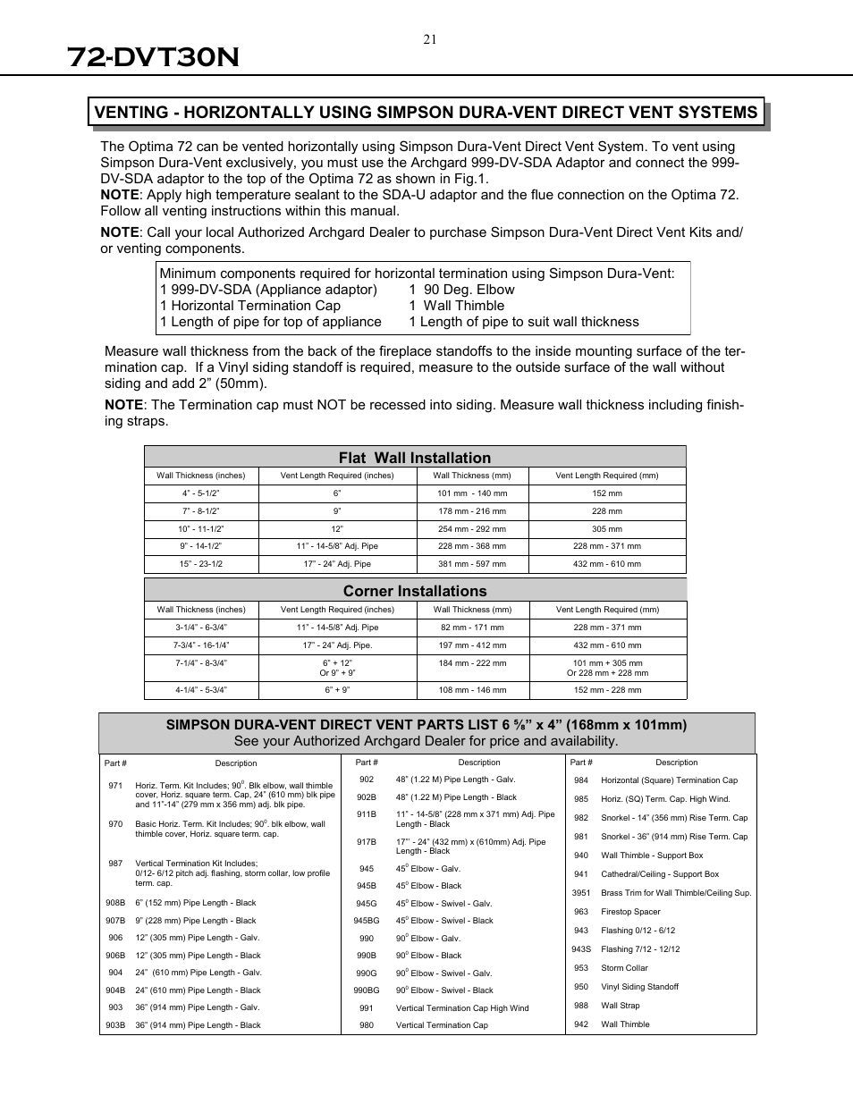 Dvt30n, Flat wall installation, Corner installations | Archgard 72-DVT30N User Manual | Page 21 / 53