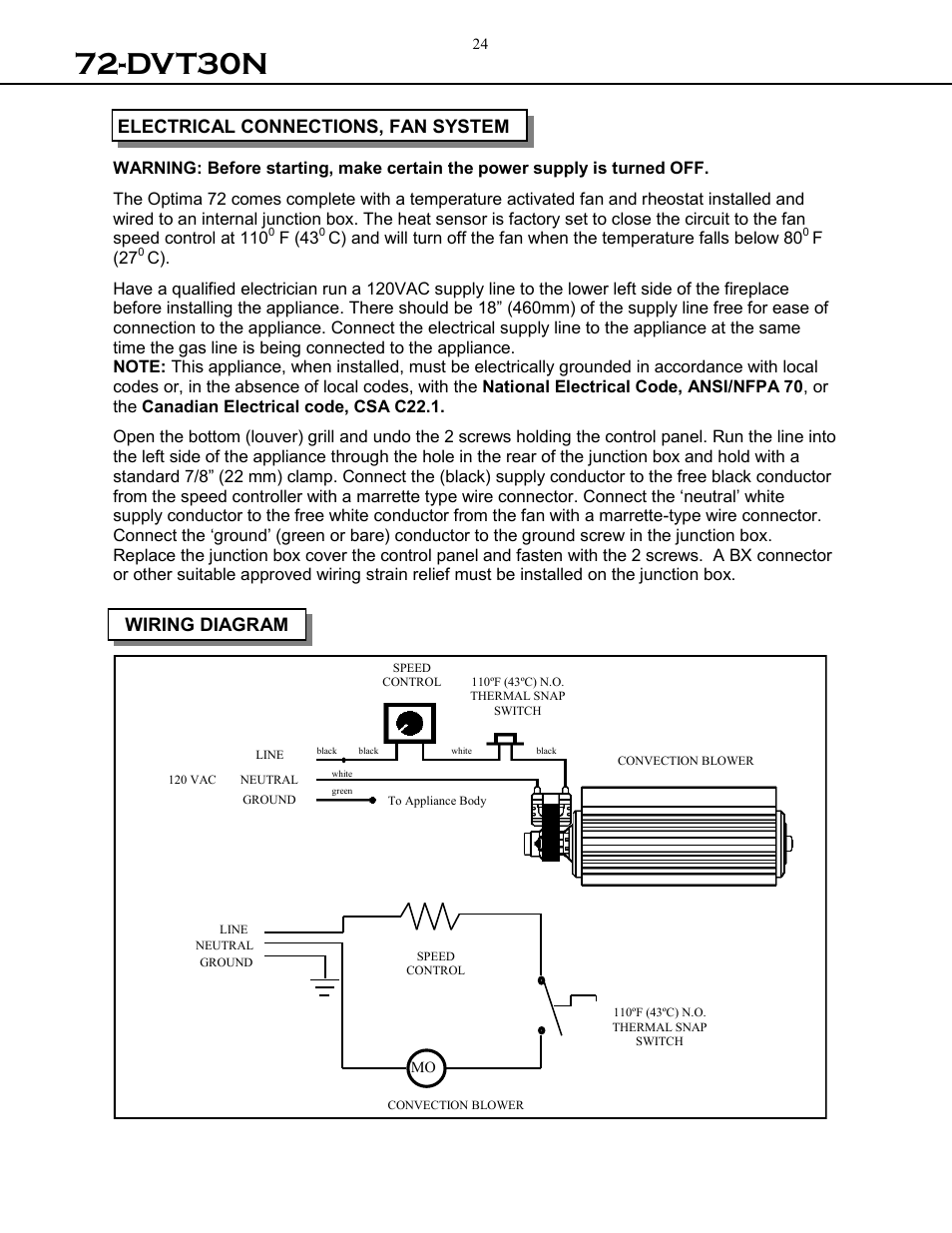 Dvt30n, Electrical connections, fan system, Wiring diagram | Archgard 72-DVT30N User Manual | Page 24 / 53