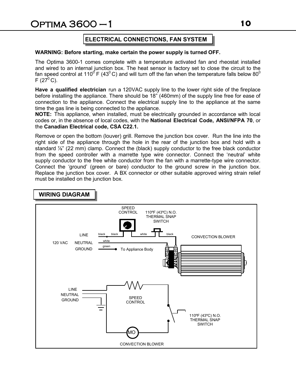 Electrical connections, fan system, Wiring diagram | Archgard 3600-DVTR24N User Manual | Page 10 / 44