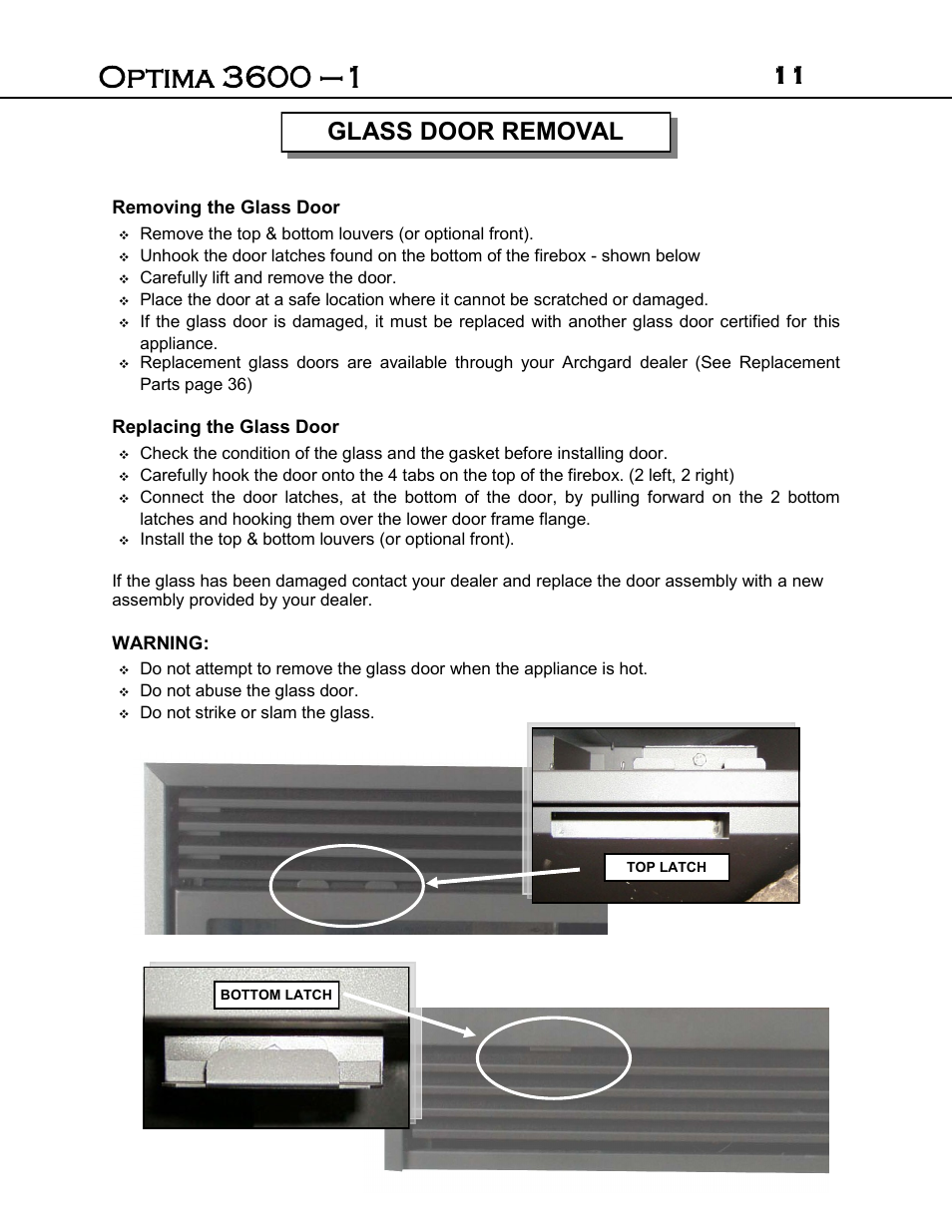 Glass door removal | Archgard 3600-DVTR24N User Manual | Page 11 / 44