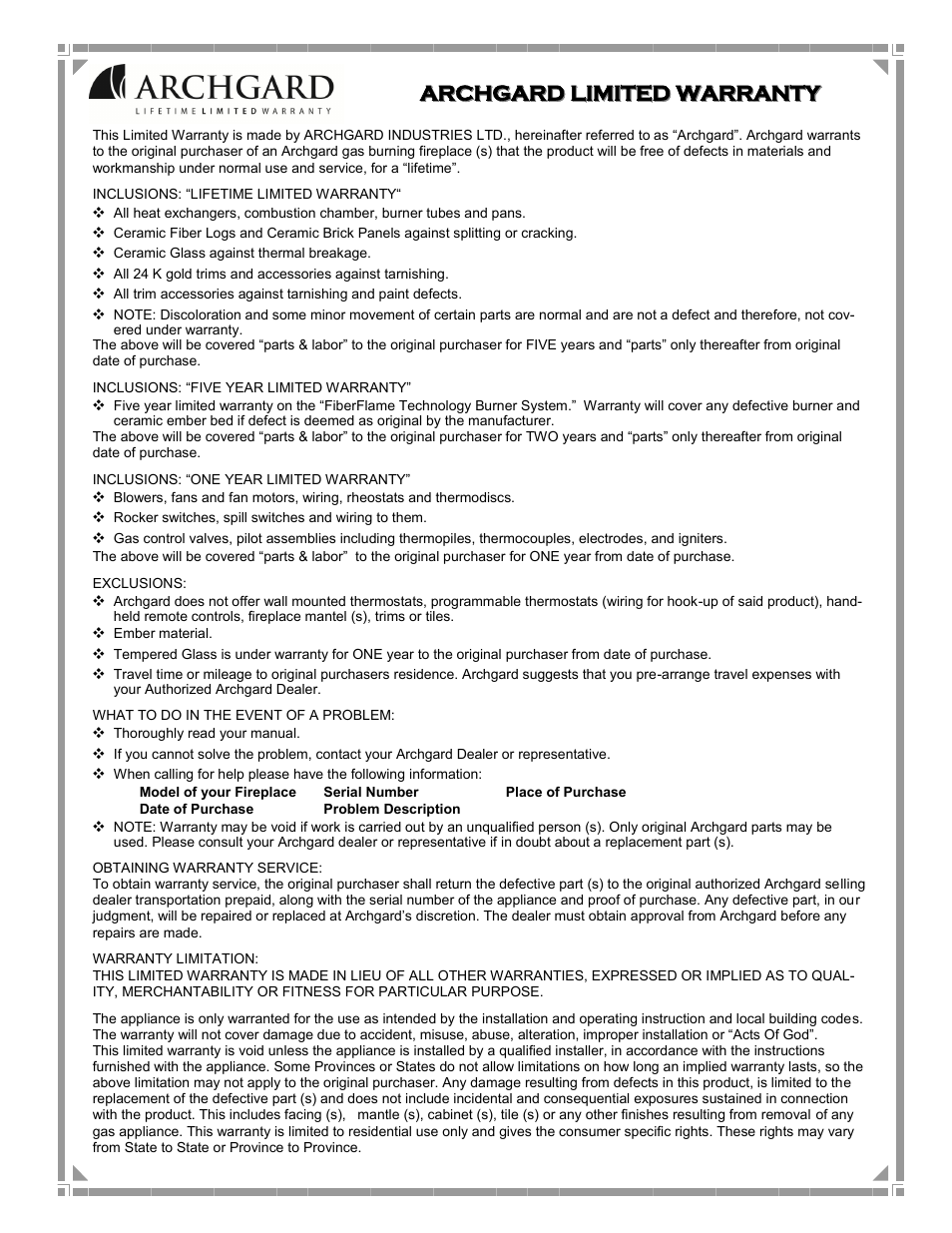 Archgard, Archgard limited warranty limited warranty | Archgard 3600-DVTR24N User Manual | Page 40 / 44