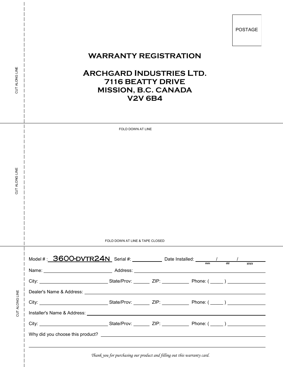 Warranty registration, Rchgard, Ndustries | Archgard 3600-DVTR24N User Manual | Page 42 / 44