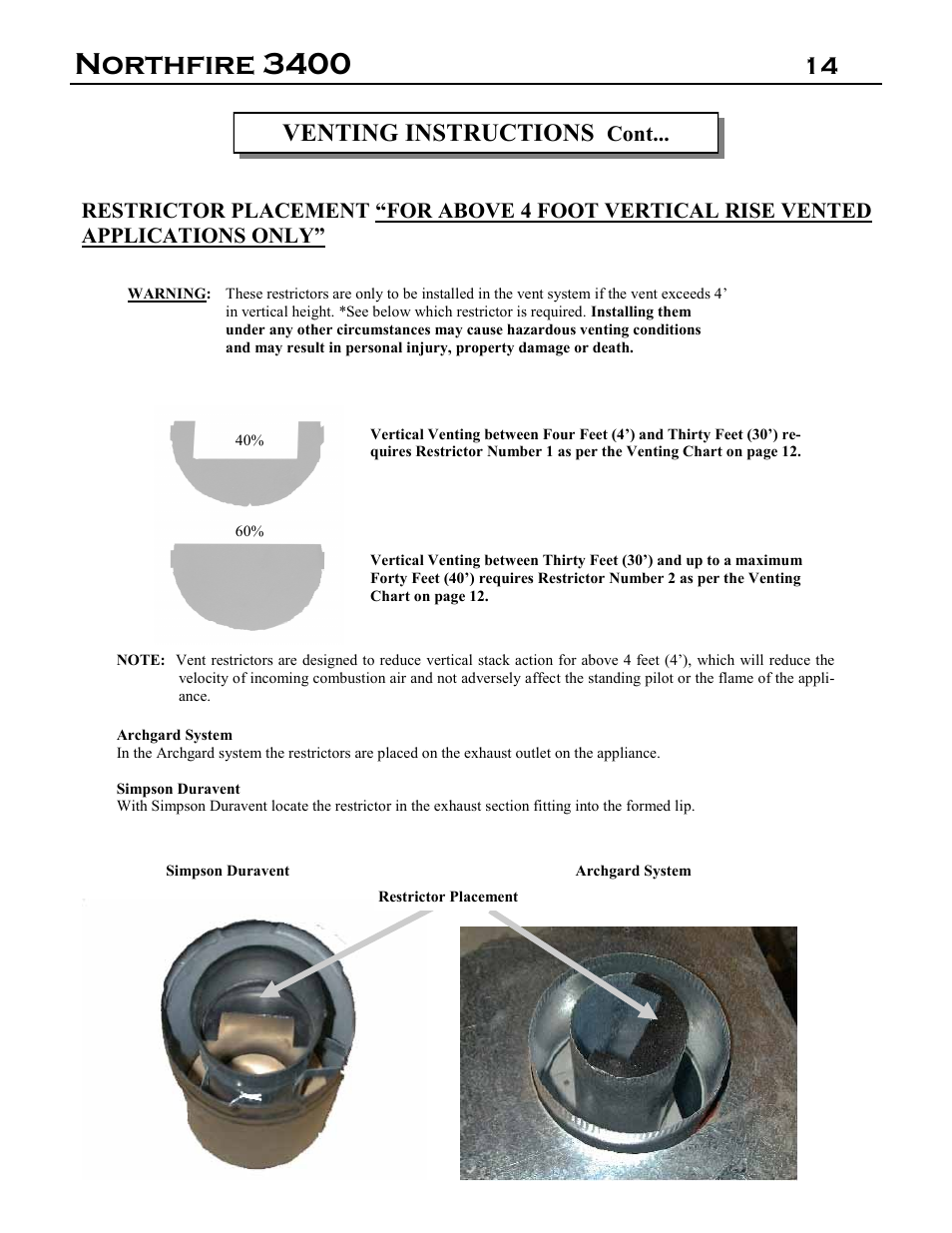 Northfire 3400, 14 installation instructions, Venting instructions | Archgard 3400-DVTR20N-2 User Manual | Page 14 / 35