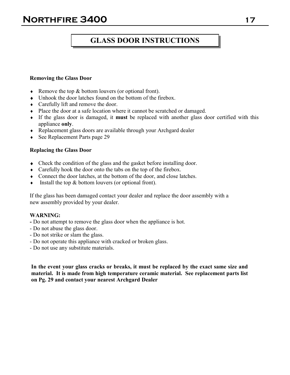 Northfire 3400, 17 glass door instructions | Archgard 3400-DVTR20N-2 User Manual | Page 17 / 35