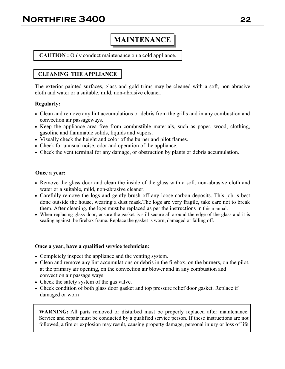 Northfire 3400, 22 maintenance | Archgard 3400-DVTR20N-2 User Manual | Page 22 / 35