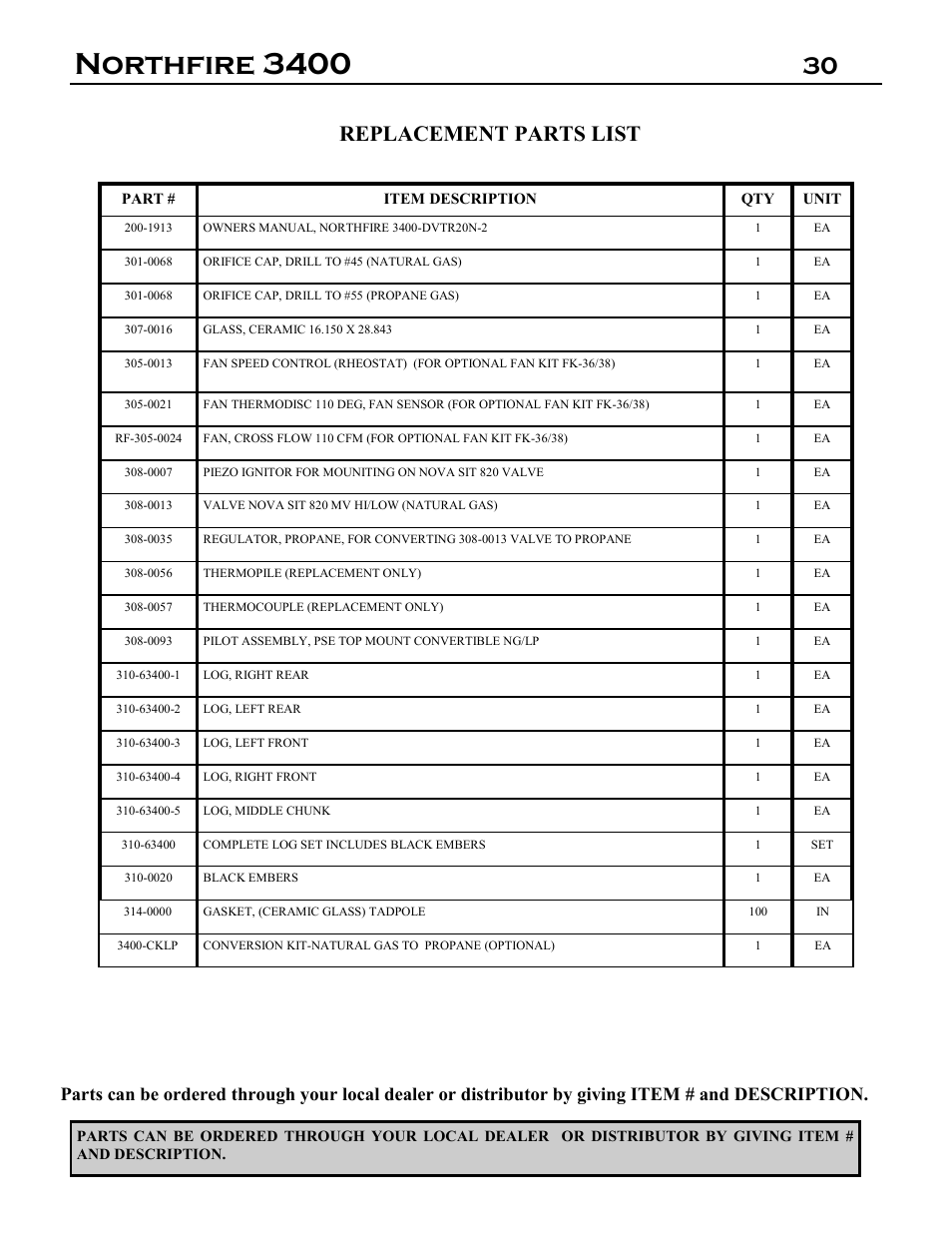 Northfire 3400, Replacement parts list | Archgard 3400-DVTR20N-2 User Manual | Page 30 / 35