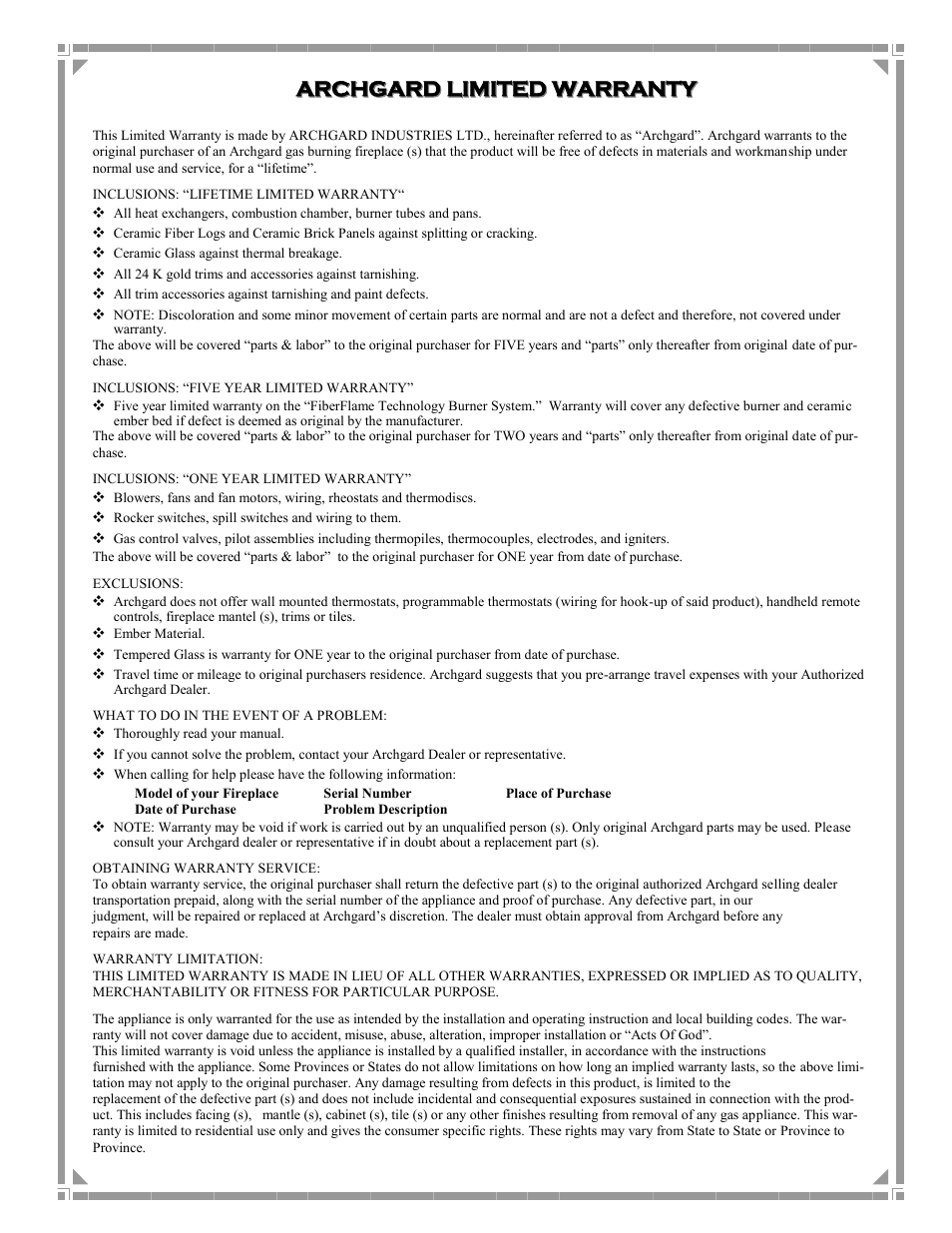 Archgard, Archgard limited warranty limited warranty | Archgard 3400-DVTR20N-2 User Manual | Page 32 / 35