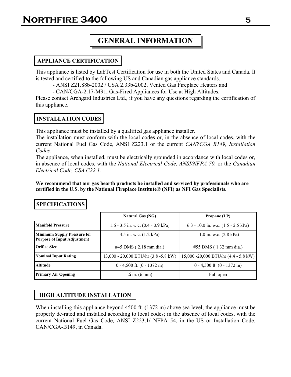 Northfire 3400, 5 general information | Archgard 3400-DVTR20N-2 User Manual | Page 5 / 35