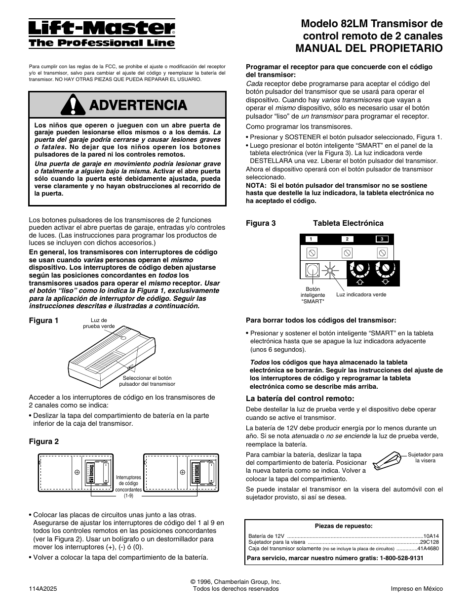 Spanish, Warning caution warning advertencia warning, Figura 2 | Figura 1, Figura 3, La batería del control remoto, Tableta electrónica | Chamberlain 82LM User Manual | Page 3 / 4