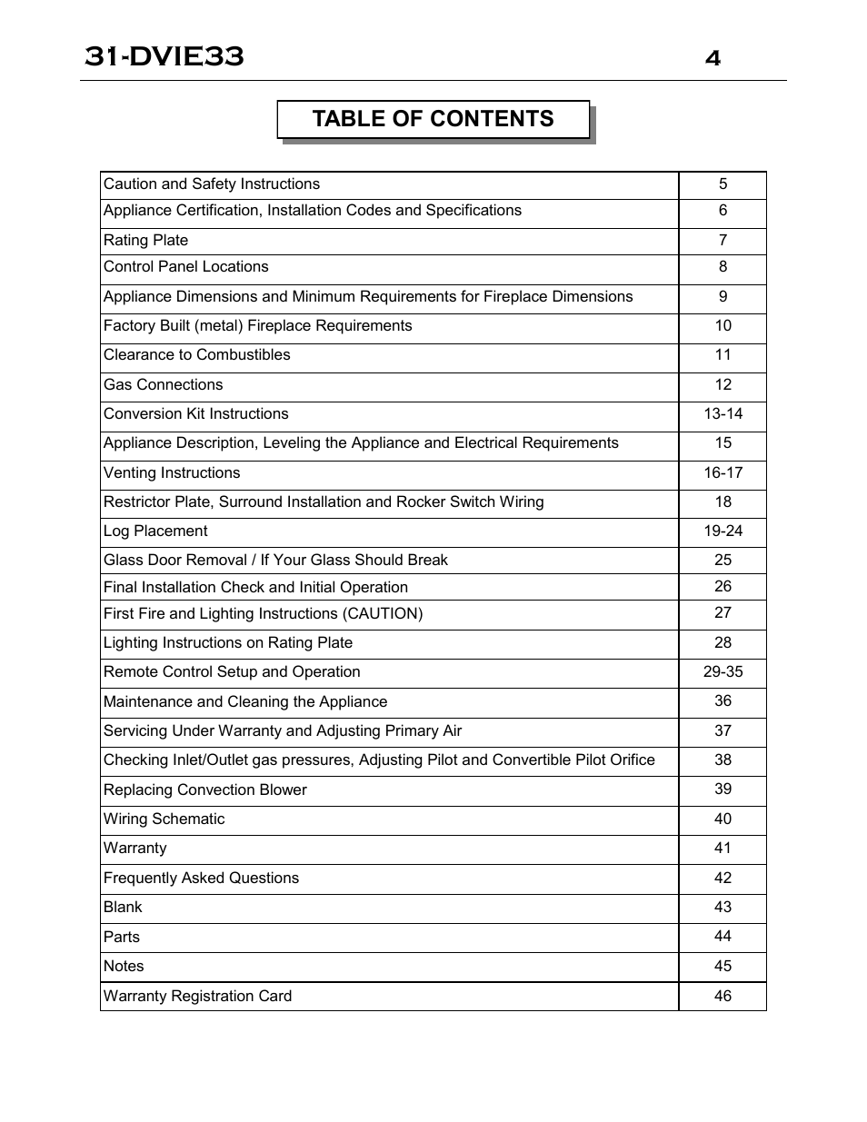 Dvie33, 4table of contents | Archgard 31-DVIE33N User Manual | Page 4 / 48