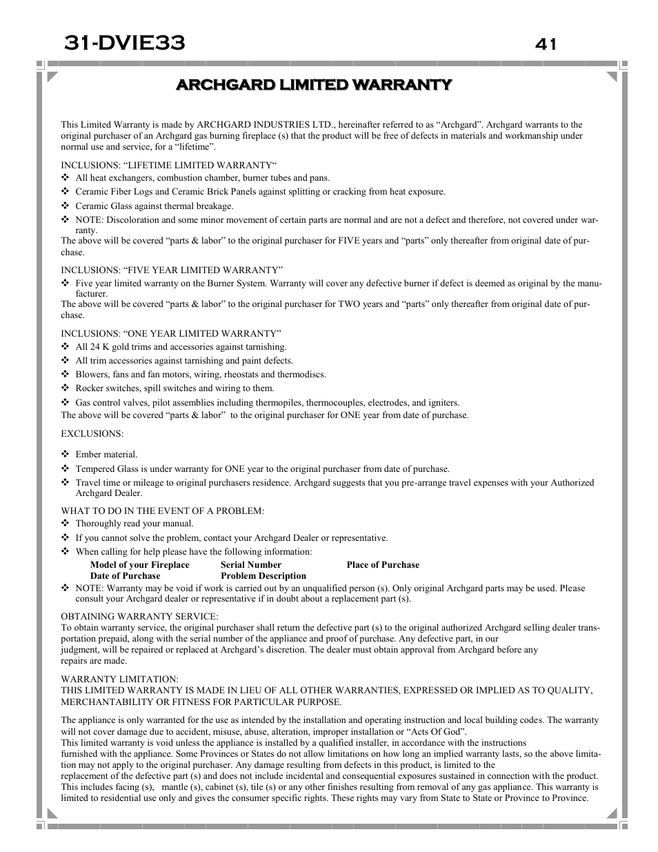 Dvie33, Archgard, Archgard limited warranty limited warranty | Archgard 31-DVIE33N User Manual | Page 41 / 48