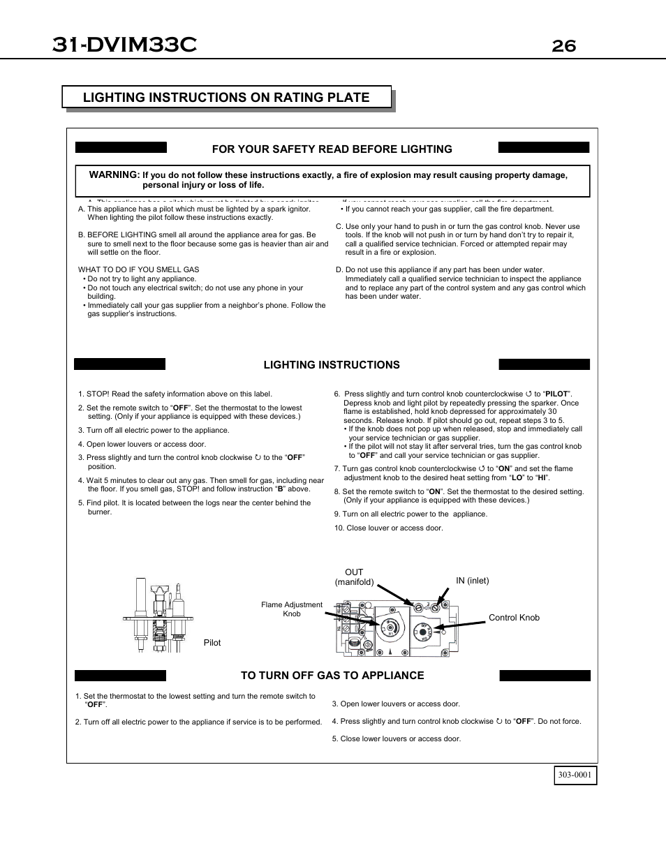 Dvim33c, Lighting instructions on rating plate, For your safety read before lighting | Lighting instructions to turn off gas to appliance | Archgard 31-DVIM33C User Manual | Page 26 / 40