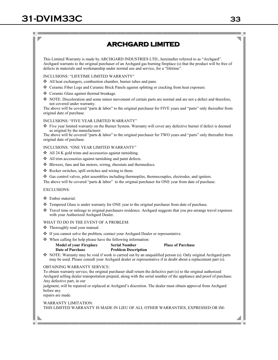 Dvim33c, Archgard, Archgard limited limited | Archgard 31-DVIM33C User Manual | Page 33 / 40