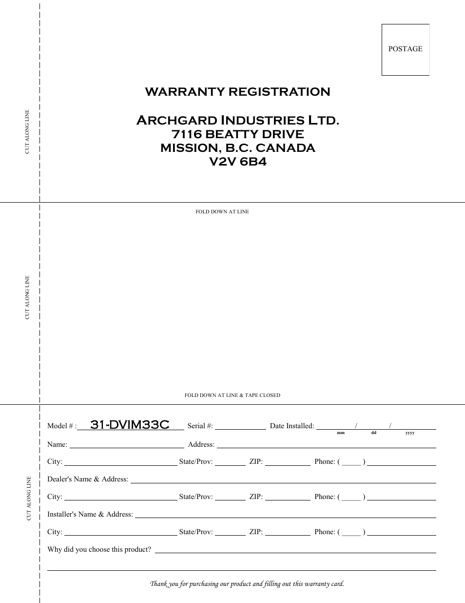 Dvim33c, Warranty registration, Rchgard | Ndustries | Archgard 31-DVIM33C User Manual | Page 38 / 40
