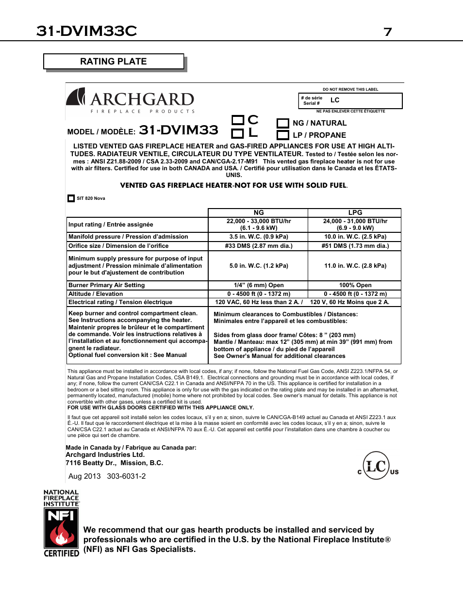 Dvim33c, Dvim33, Rating plate | Archgard 31-DVIM33C User Manual | Page 7 / 40
