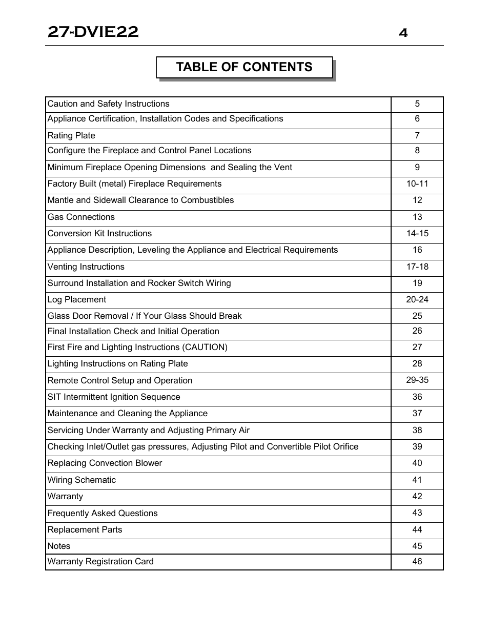 Dvie22, 4table of contents | Archgard 27-DVIE22N User Manual | Page 4 / 48