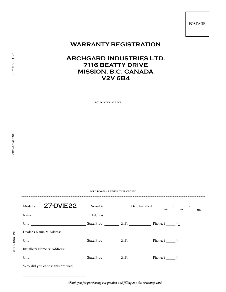 Dvie22, Warranty registration, Rchgard | Ndustries | Archgard 27-DVIE22N User Manual | Page 46 / 48