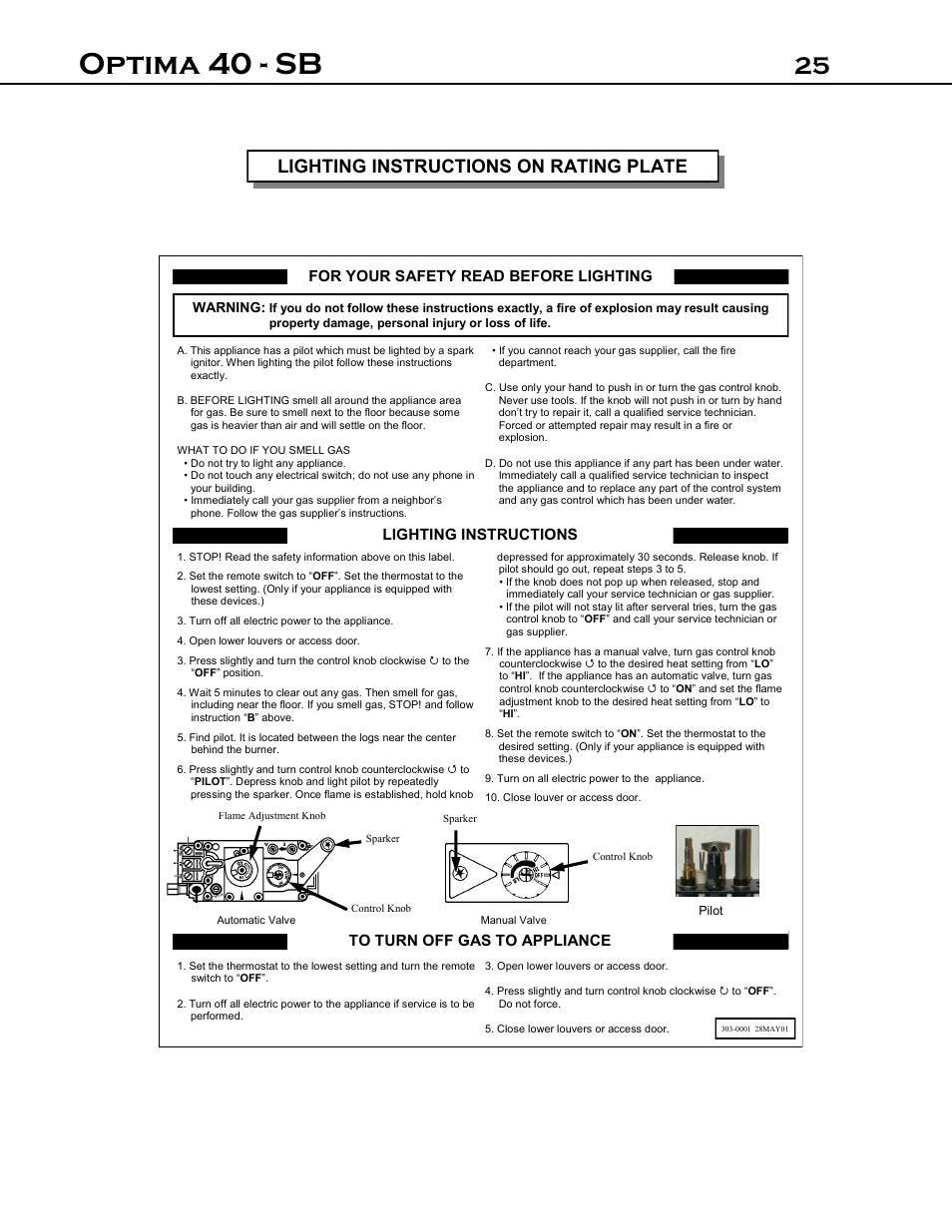 Optima 40 - sb, Lighting instructions on rating plate, For your safety read before lighting | Lighting instructions to turn off gas to appliance | Archgard 40-DVI40N User Manual | Page 25 / 45
