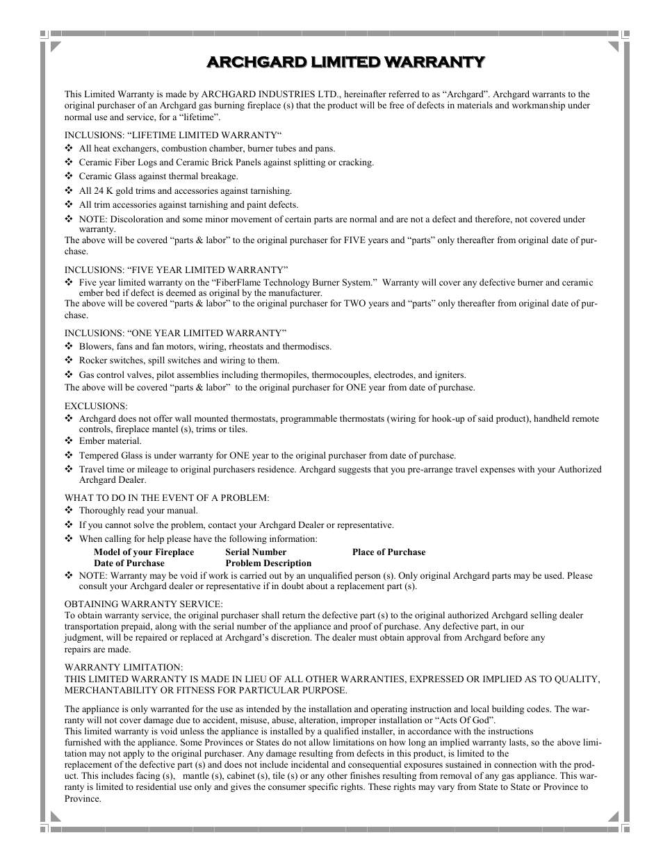 Archgard, Archgard limited warranty limited warranty | Archgard 40-DVI40N User Manual | Page 39 / 45