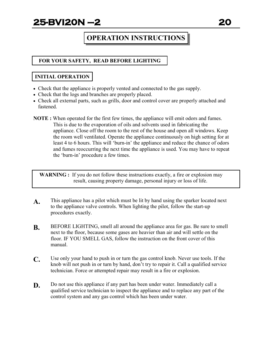Operation instructions, A. b. c. d | Archgard 25-BVI20N-2 User Manual | Page 20 / 43
