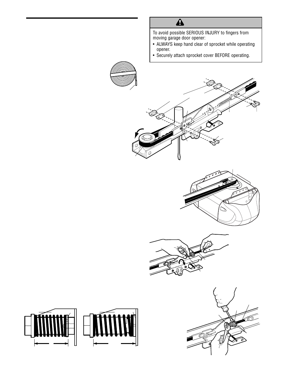 Install the belt and set the tension, Warning caution warning warning, Assembly step 4 | Chamberlain WHISPER DRIVE WD912K User Manual | Page 10 / 40
