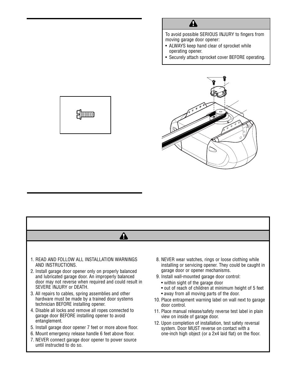 Attach the belt cap retainer, Important installation instructions, Warning caution warning warning | Assembly step 5, Installation | Chamberlain WHISPER DRIVE WD912K User Manual | Page 11 / 40