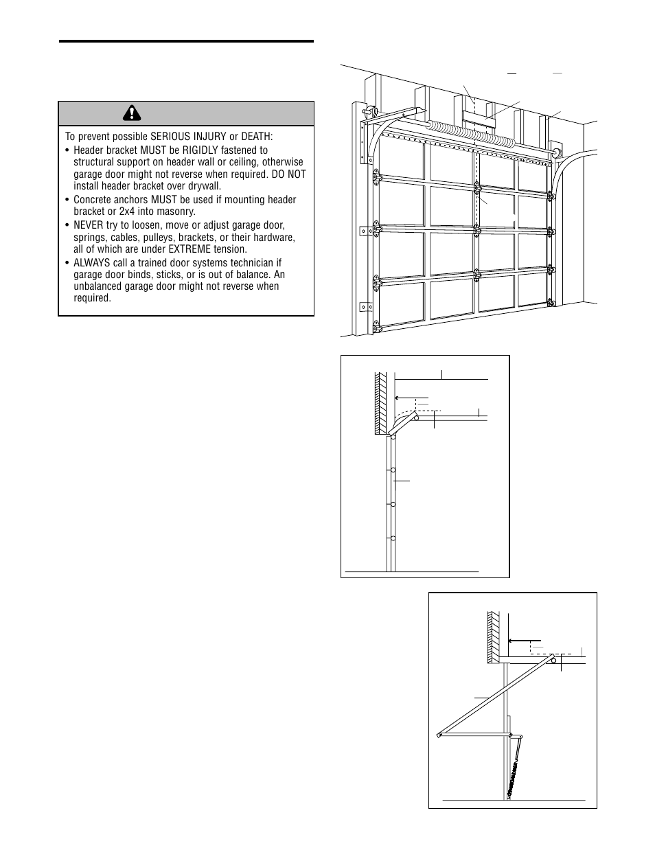 Installation, Determine the header bracket location, Warning caution warning warning | Installation step 1 | Chamberlain WHISPER DRIVE WD912K User Manual | Page 12 / 40