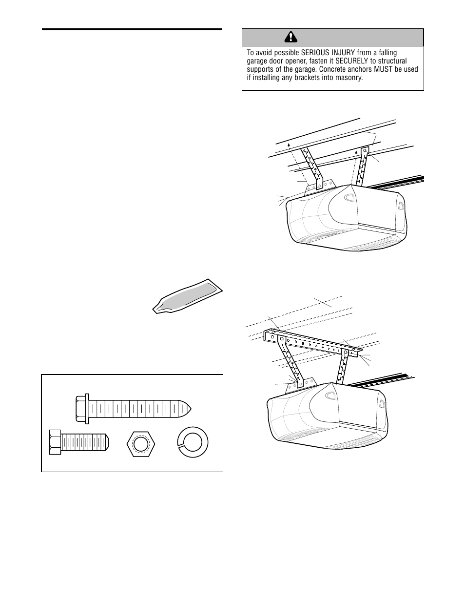 Hang the opener, Warning caution warning warning, Installation step 5 | Chamberlain WHISPER DRIVE WD912K User Manual | Page 17 / 40