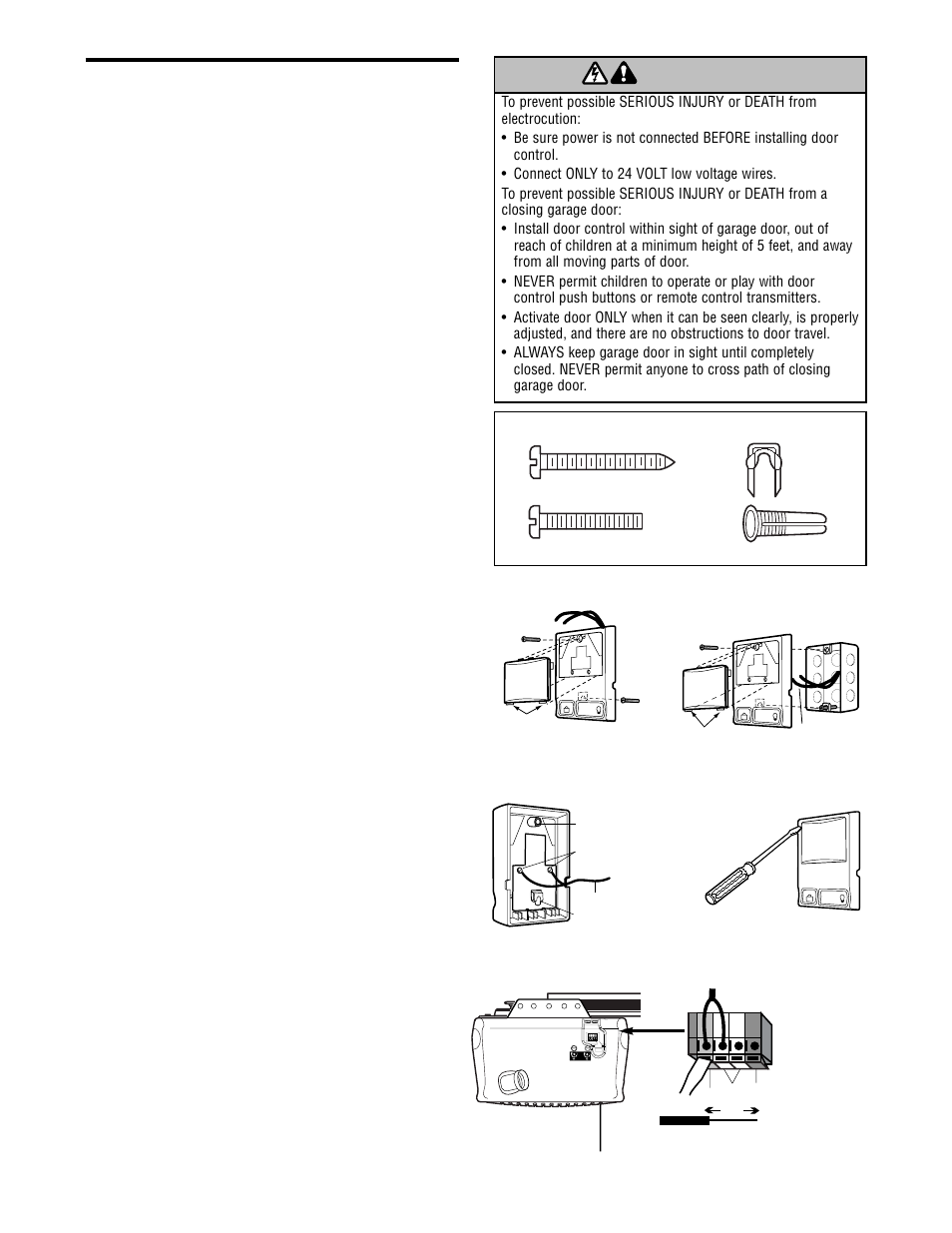 Install the door control, Warning caution warning warning, Installation step 6 | Chamberlain WHISPER DRIVE WD912K User Manual | Page 18 / 40