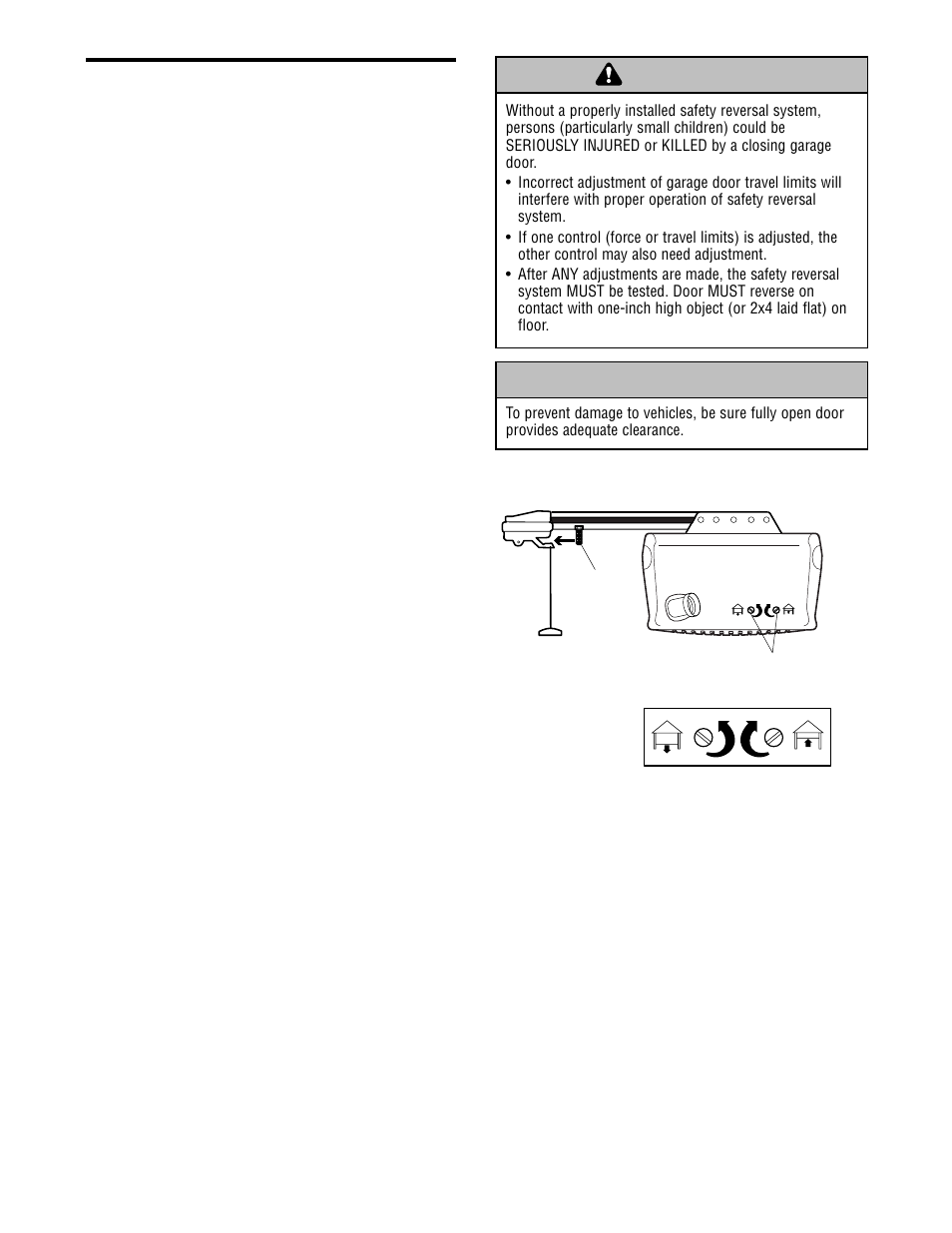 Adjustment, Adjust the up and down travel, Warning caution warning warning | Adjustment step 1 | Chamberlain WHISPER DRIVE WD912K User Manual | Page 28 / 40