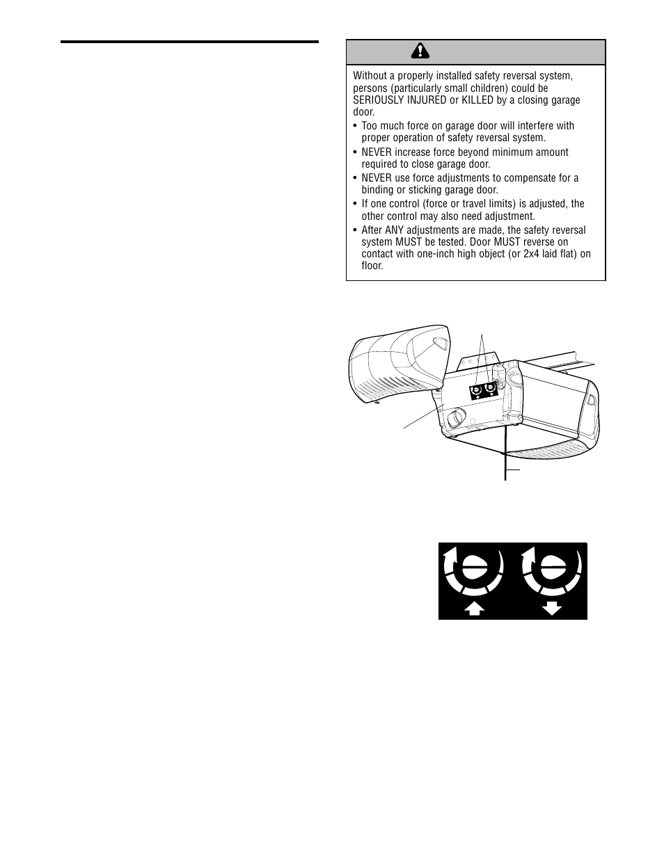 Adjust the force, Warning caution warning warning, Adjustment step 2 | Chamberlain WHISPER DRIVE WD912K User Manual | Page 29 / 40