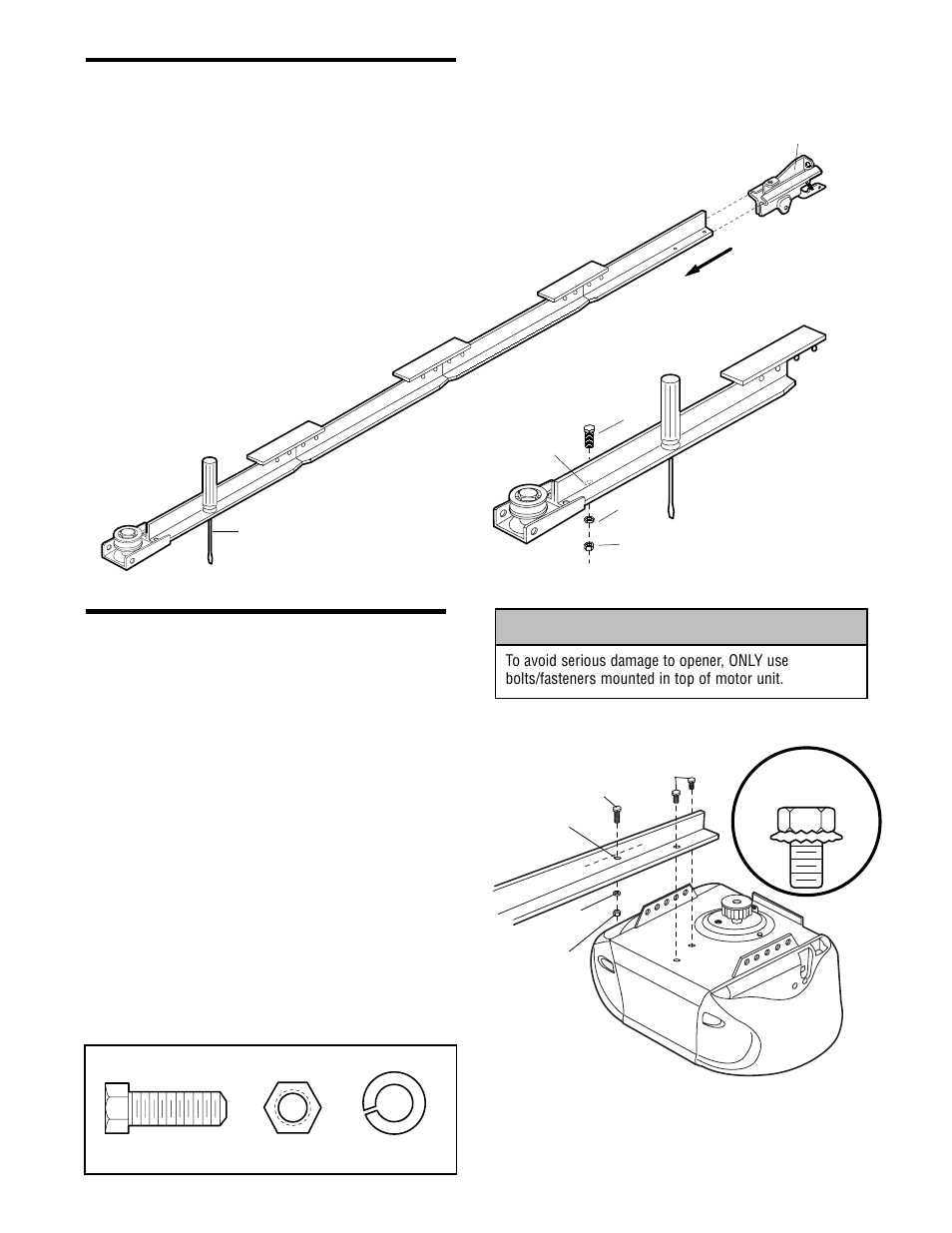 Install the trolley, Fasten the t-rail to the motor unit, Warning caution warning warning | Assembly step 2, Assembly step 3, Fasten the rail to the motor unit | Chamberlain WHISPER DRIVE WD912K User Manual | Page 9 / 40