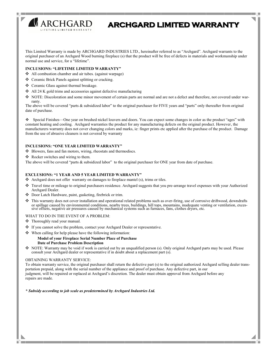 Archgard, Archgard limited warranty limited warranty | Archgard 10-1800P User Manual | Page 36 / 40