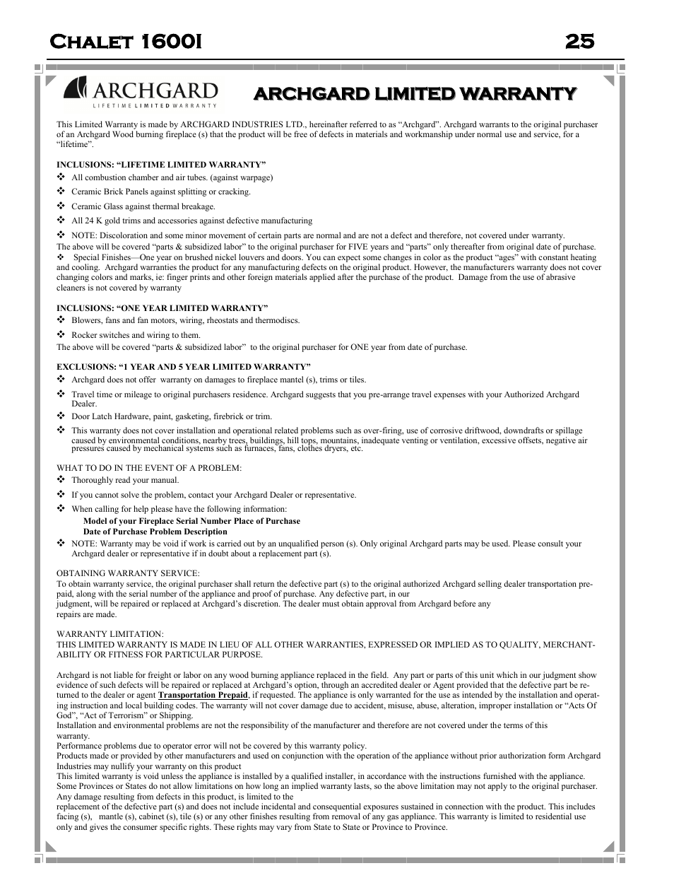 Archgard, Archgard limited warranty limited warranty | Archgard 60-1600I User Manual | Page 25 / 28